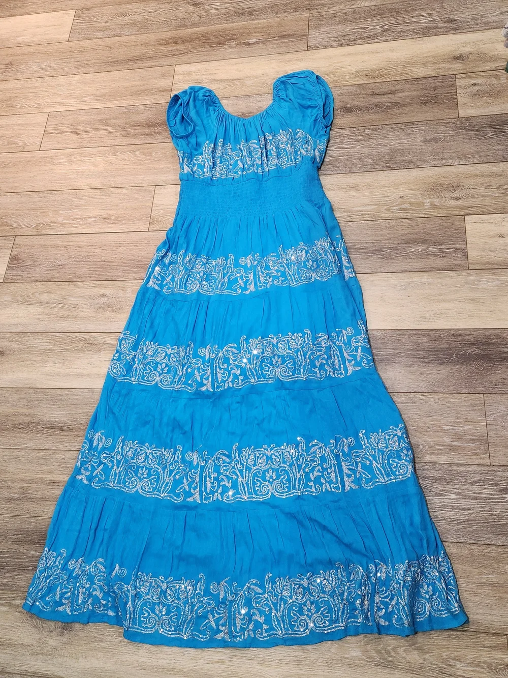 BOSTON PROPER METALLIC EMBROIDERED SEQUINS TIERED PEASANT MAXI DRESS LARGE - Picture 8 of 9
